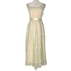 Vintage 60s Miss Elliette Eyelash Lace Dress S Ivory Empire Waist Satin Belt